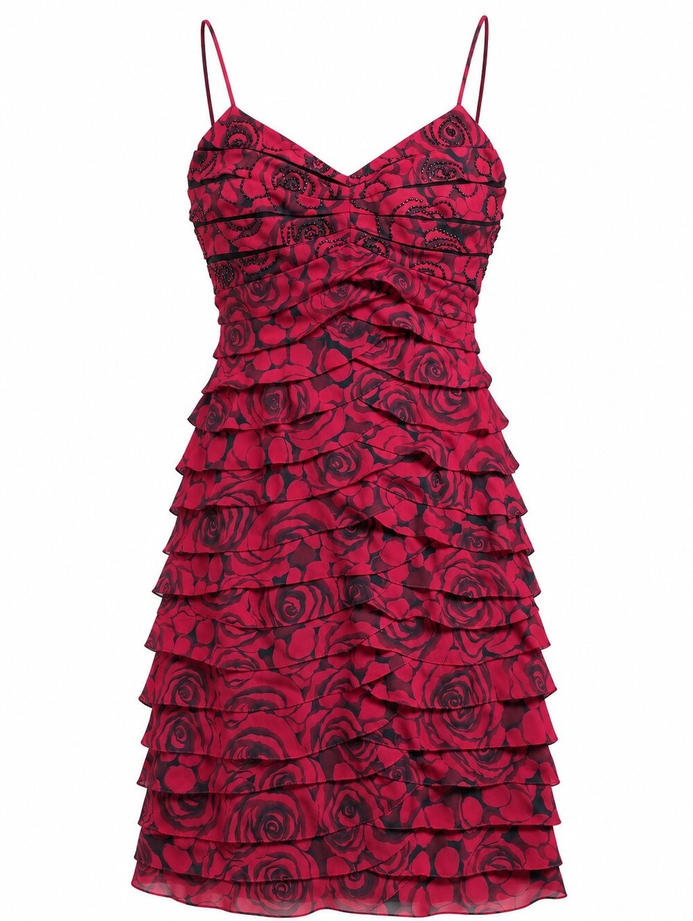 Sherrie Bloom Pink Rose-Print Tiered Spaghetti Strap Mini Dress
